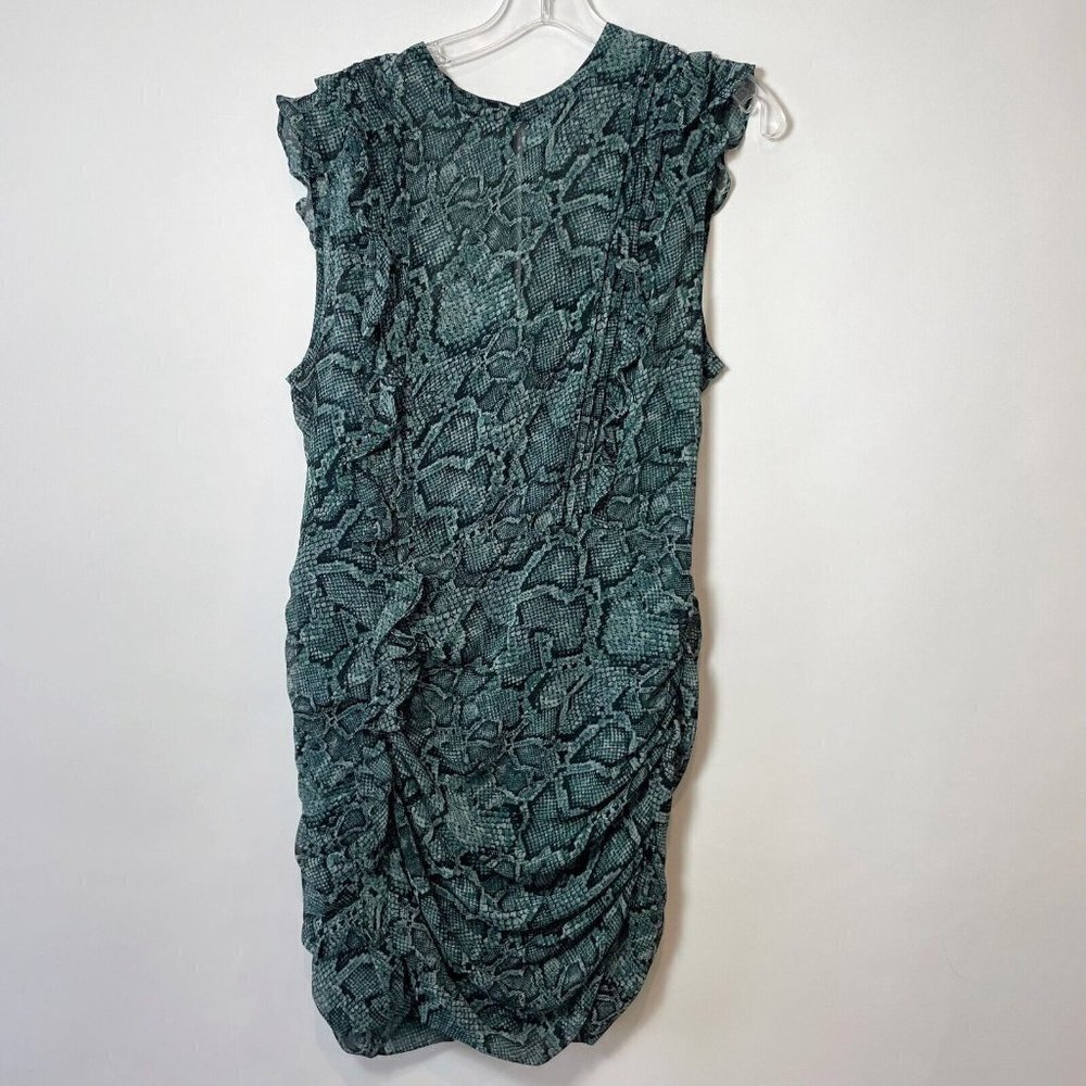 1. State Sleeveless Snake Print Ruched Ruffle Mini Dress Blue 12 Keyhole Back